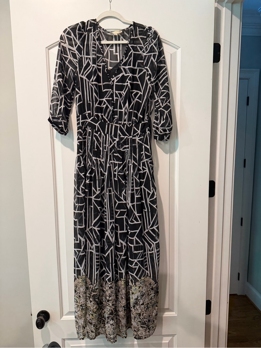 Moulinette Soeurs Black & White Geometric Print Maxi Dress with Floral Hem